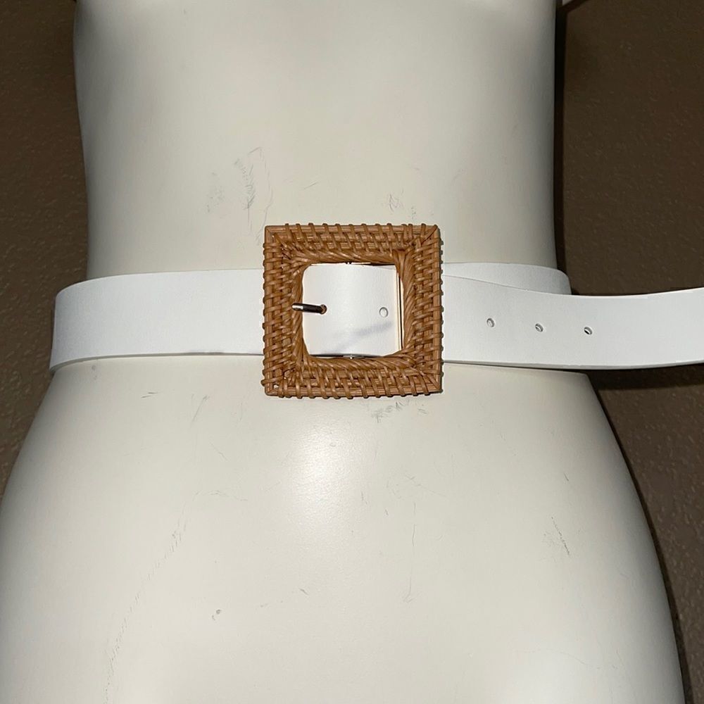 White and tan straw buckle belt pu bonded leather 38 inches